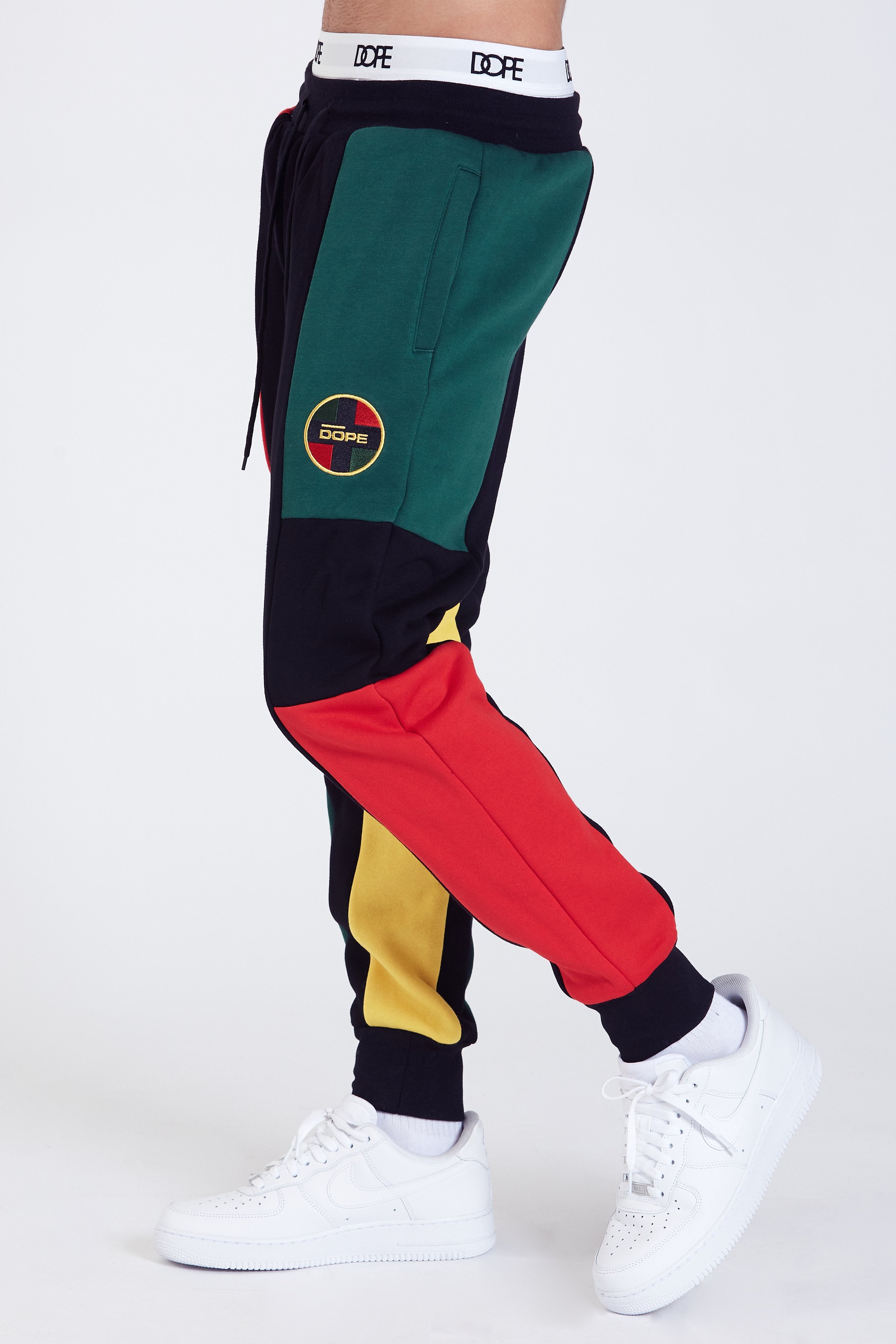 green and red joggers