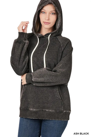 Zenana Acid Wash Fleece Hoodie with Drawstring - Be Radiant Boutique