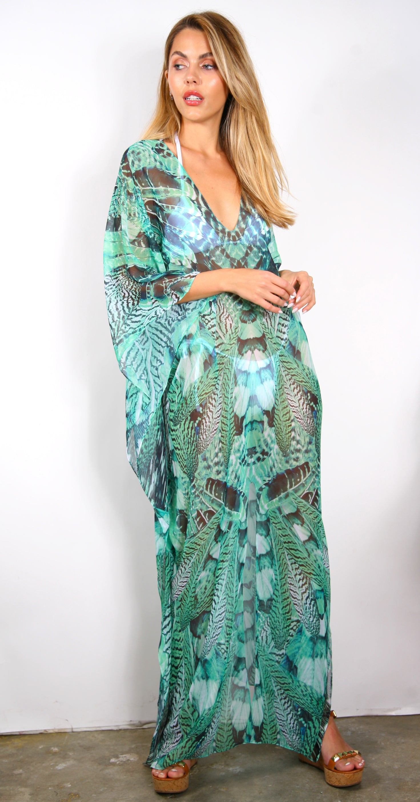 Green Feather - Slit Maxi Poncho