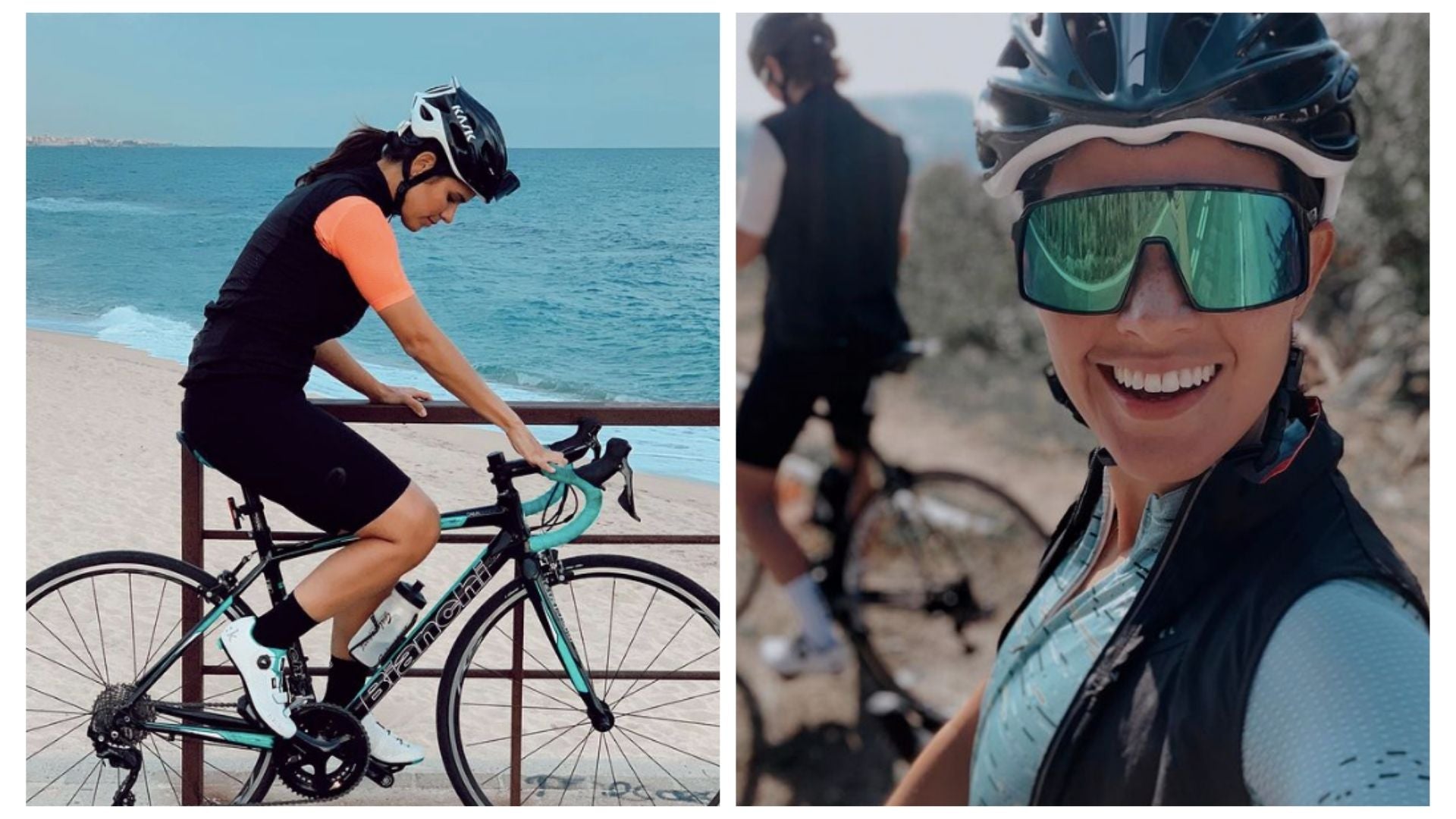 Cycliste femme à vélo au bord de l'océan