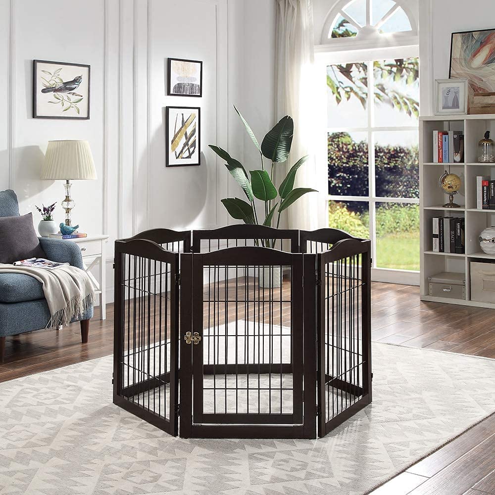 beeNbkks Pet Playpen with Wire, Extra Wide 6 Panels Freestanding Wooden Dog Gate with Walk Through Door and 5 Support Feet, Foldable Pet Exercise Pen