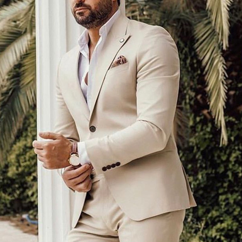 Beige Wedding Tuxedos for Groom Wear Slim Fit Business Men Suits Latest Design 2 Pieces Blazer with Pants Male Fashion 2021