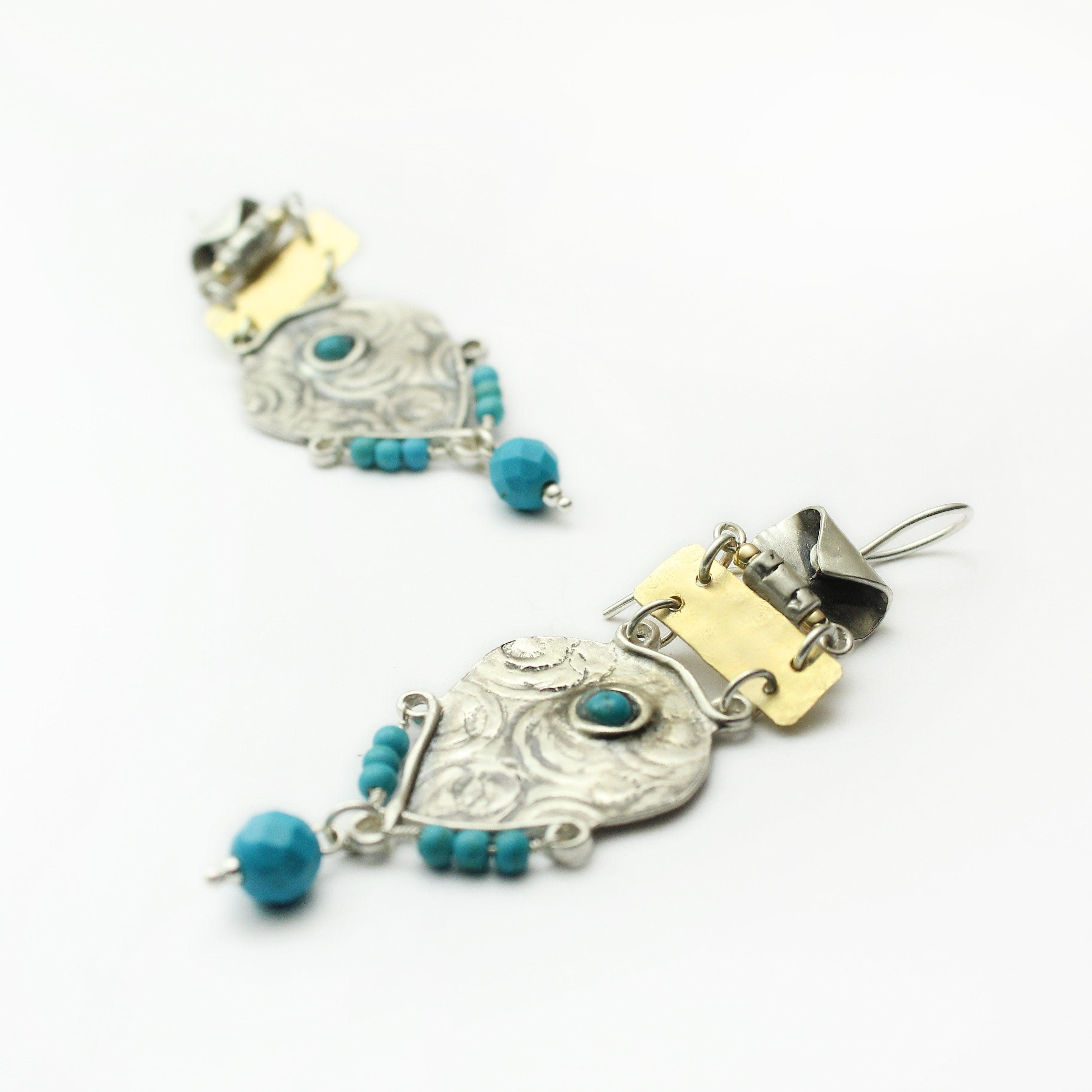 Silver & Gold filled & Turquoise Gemstone Earrings - Shulamit Kanter