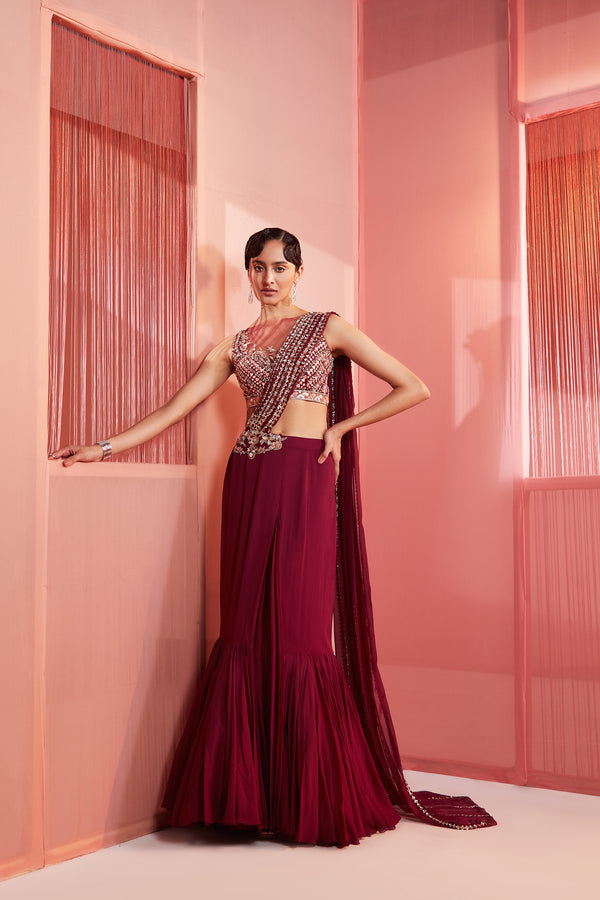 Wine colour net embroidery pre-stitched saree - Teeya Creation - 4142636