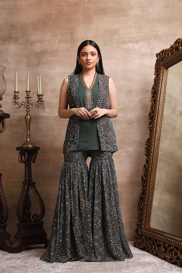 Buy Citrus Green Sharara Pants And Kurta In Sleeveless Kurta Crafted In  Net With Resham And Sequins Embroidery