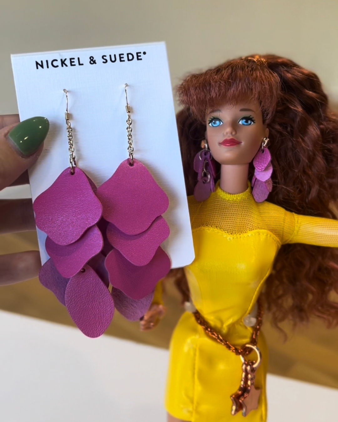 barbie and nickel and suede leather earrings