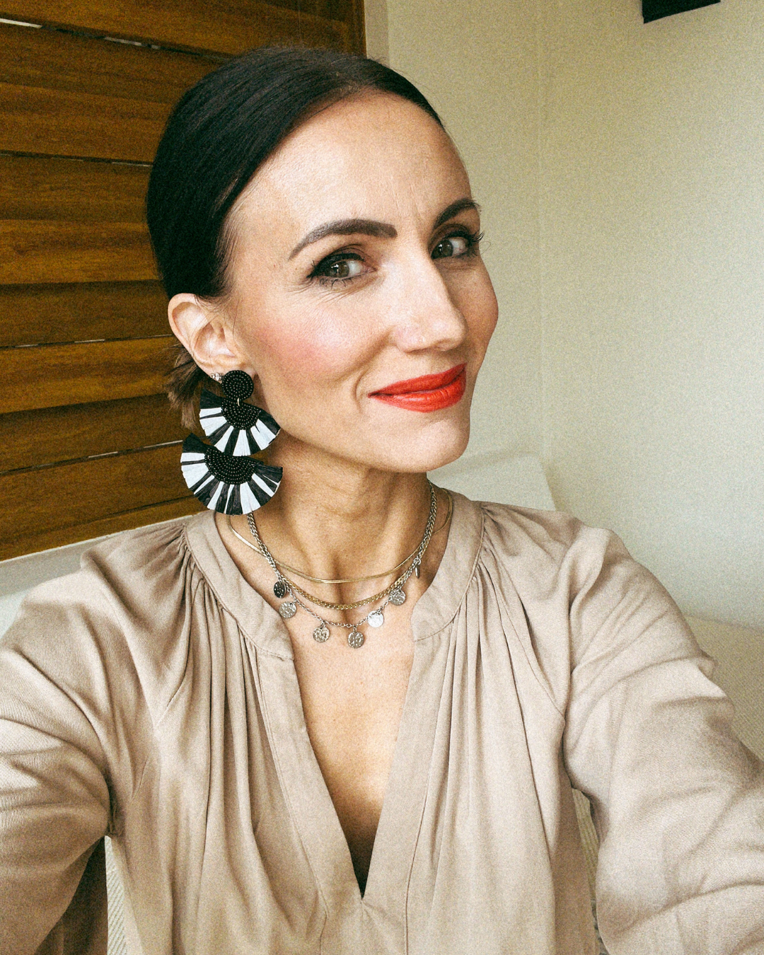 black and white raffia statement earring and red lip