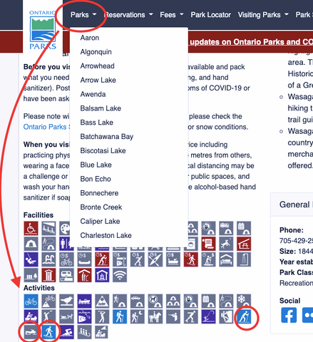 Screenshot of Ontario Parks website
