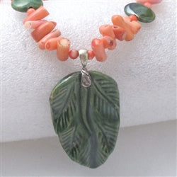 Load image into Gallery viewer, Kazuri Green Leaf Pendant on Peachy Pink Bead Necklace - VP&amp;#39;s Jewelry
