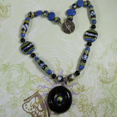 Green Blue and Black Kazuri Handmade Pendant Necklace