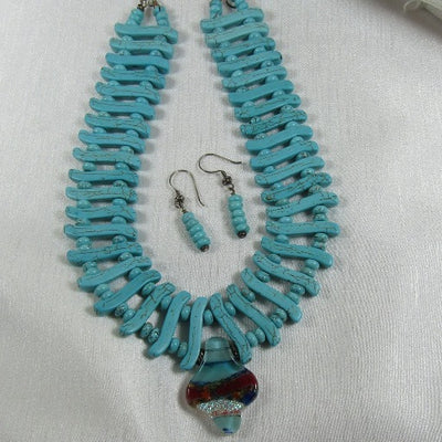 Turquoise Bib Necklace with Dichroic Pendant and Earrings