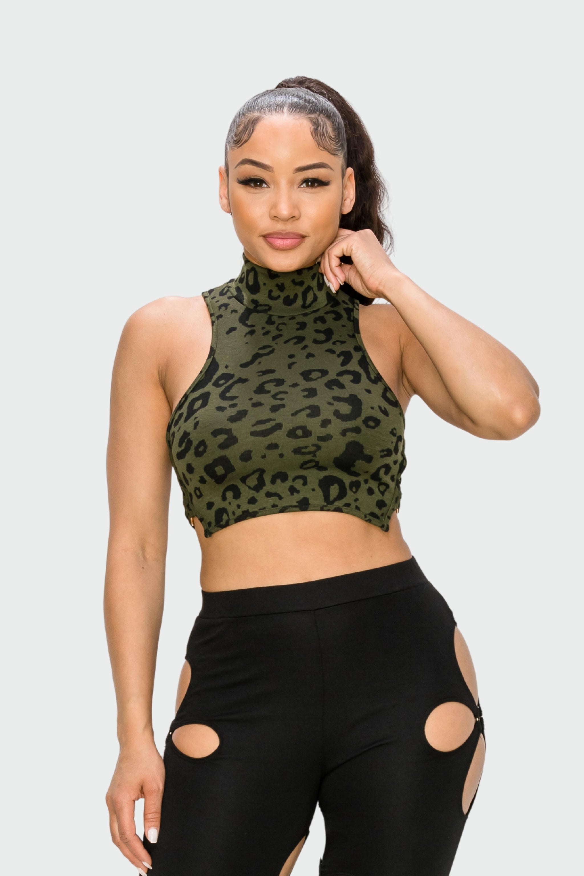 Khaki and Black Leopard Printed O-Ring Crop Top - Heny Star