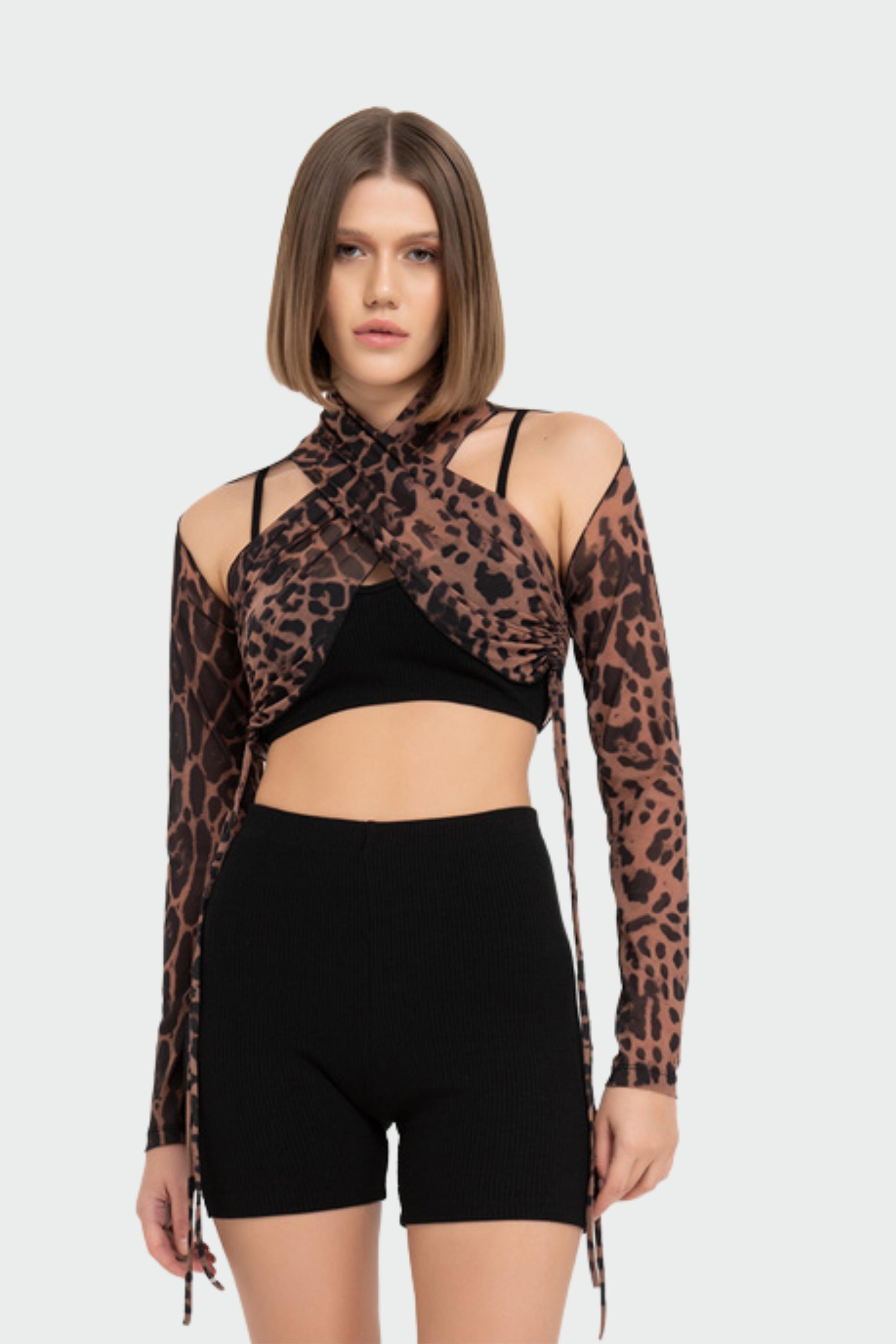 Nude Black Leopard Printed Crop Mesh Top - Heny Star