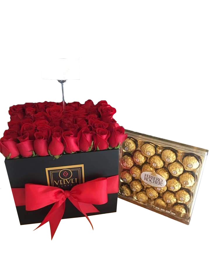 Rosas rojas en caja. 24 chocolates ferrero rocher. – Velvet Florería