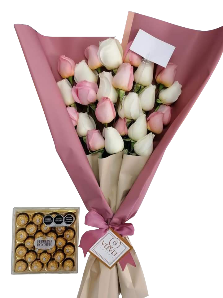 Ramo con 24 rosas blancas y rosas. Caja con 24 chocolates ferrero roch –  Velvet Florería
