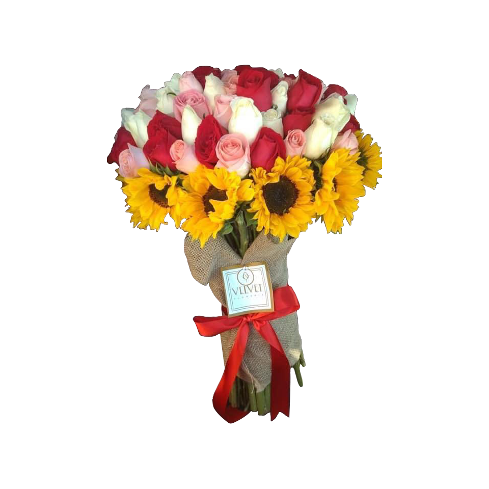 Ramo con 100 rosas blancas, rojas y rosas con girasoles alrededor. – Velvet  Florería