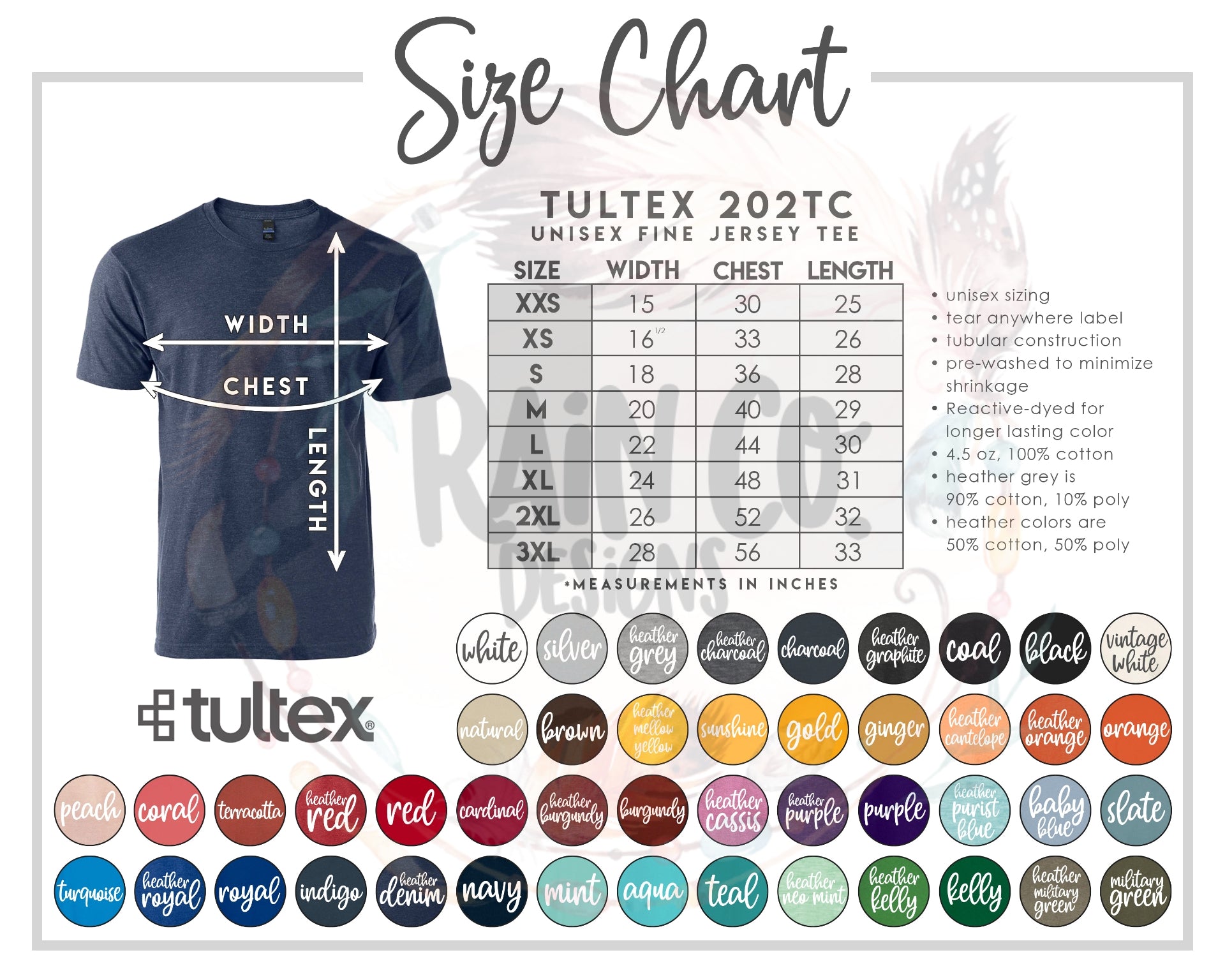 Color & Sizing Charts – Rain Co Designs