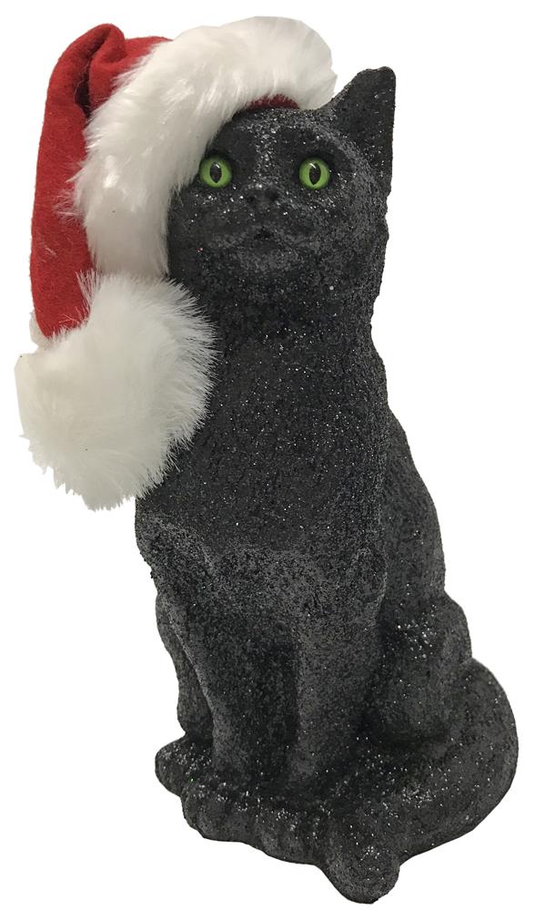 Cat black glitter w/Santa hat