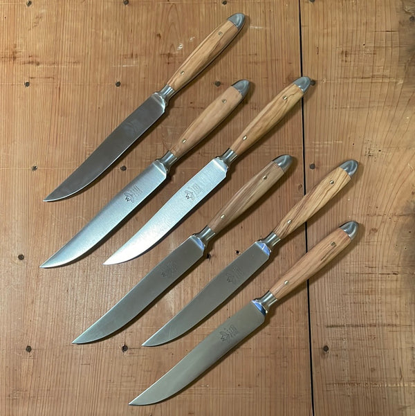 Non Serrated Steak Knife Set 6-Piece Japanese Damascus Steel Olive Wood  Handle