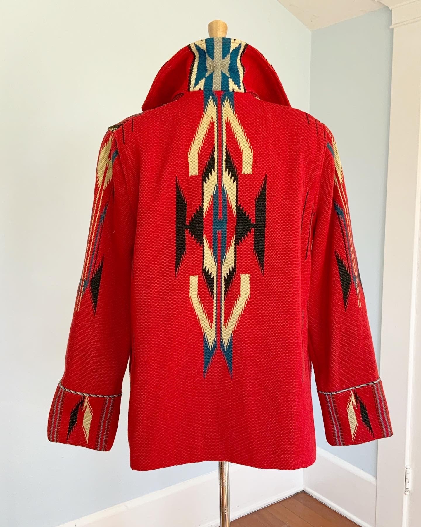 1940s Hand Woven Native American Chimayo Blanket Coat with Silver Conc ...