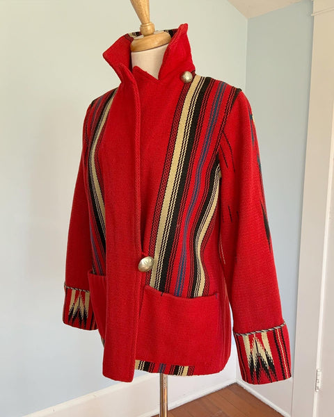 1940s Hand Woven Native American Chimayo Blanket Coat with Silver Conc ...