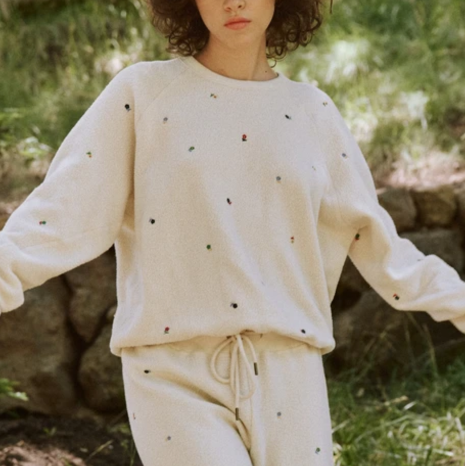 The sherpa college sweatshirt washed white with ditsy floral embroidery