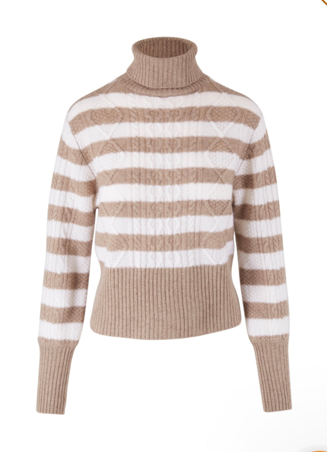 stripe aran roll collar cashmere sweater oatmeal and cream stripe