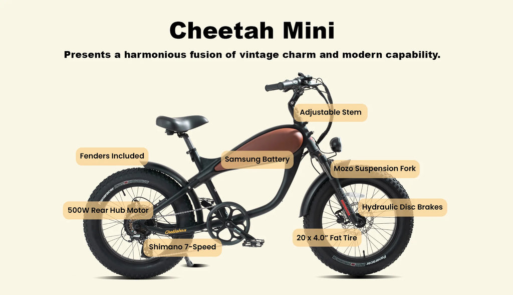 Revi Bikes Cheetah Mini Fat Tire Electric Bike Top Speed 28mph 5 Electric Whispering