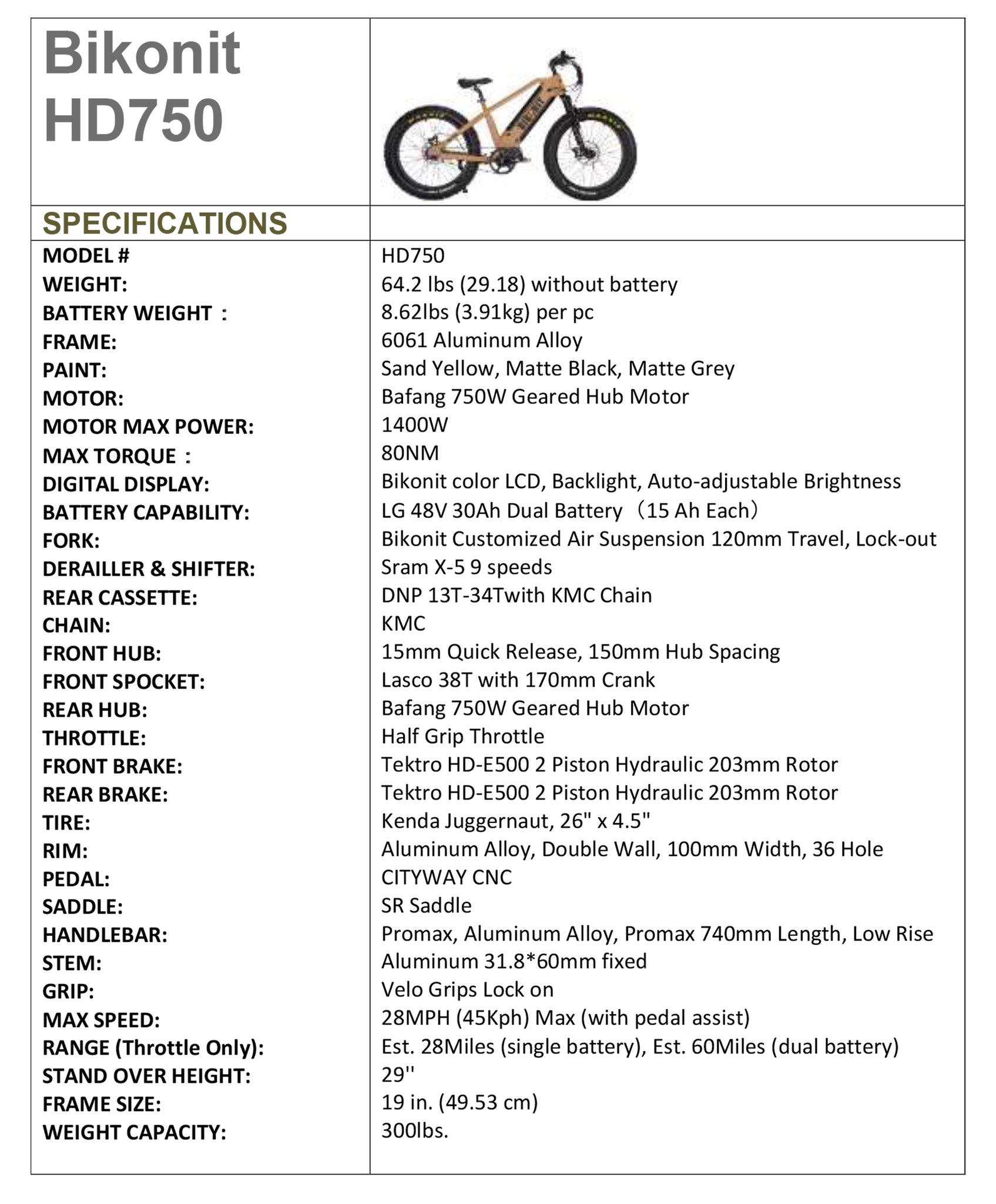 HD 750 Electric Fat Tire Mountain Bike - 750W specs