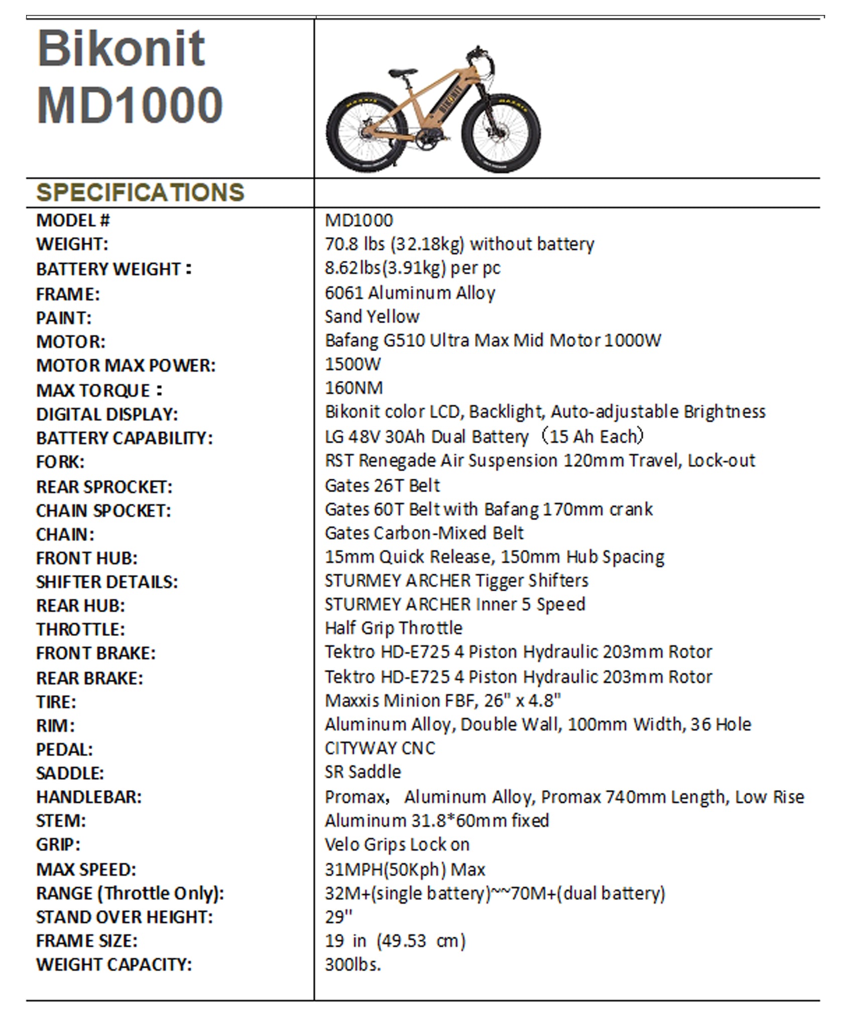 Bikonit E Bicycles specs sheet