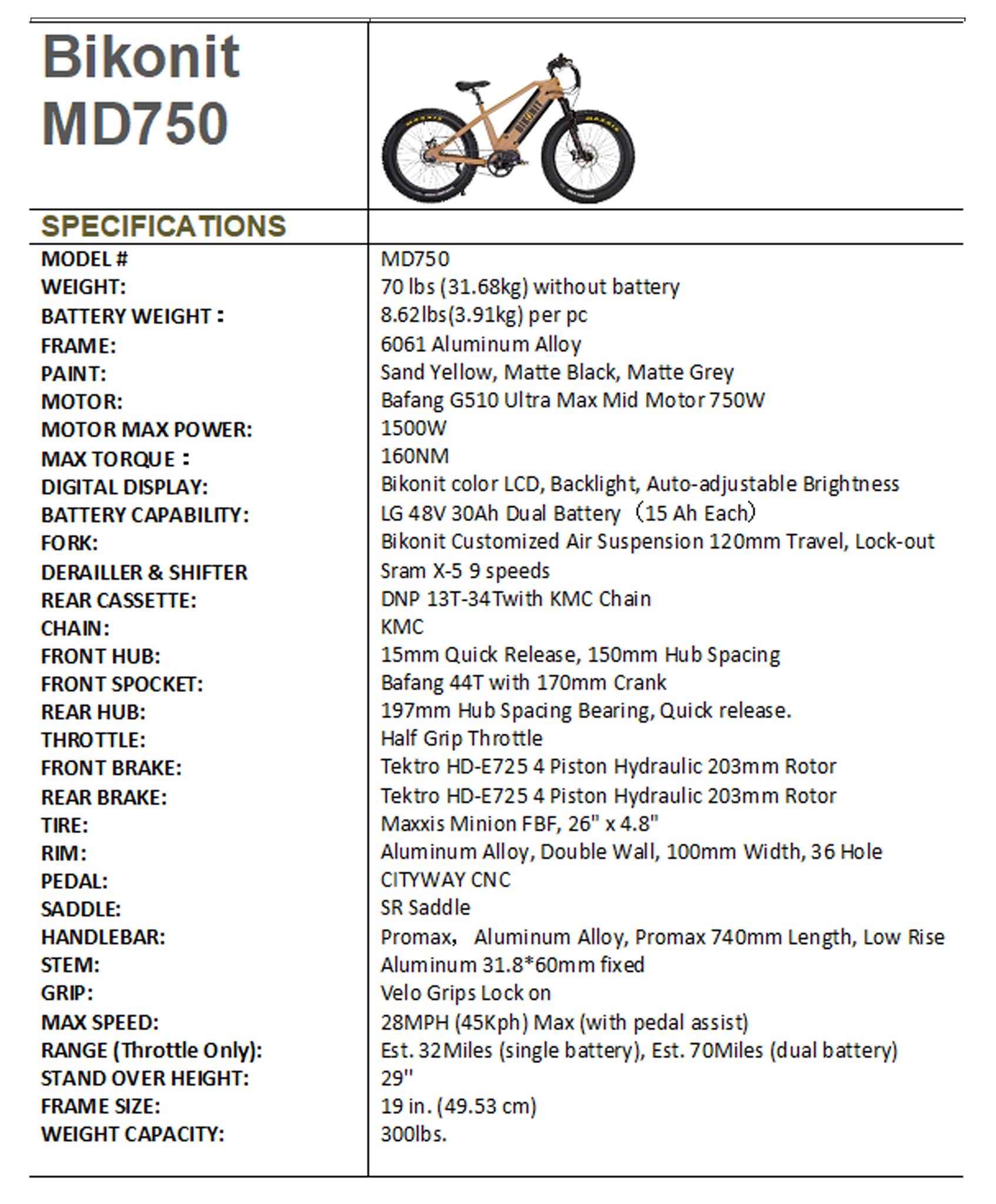 BIKONIT MD 750 ELECTRIC FAT TIRE MOUNTAIN BIKE - 750W specs