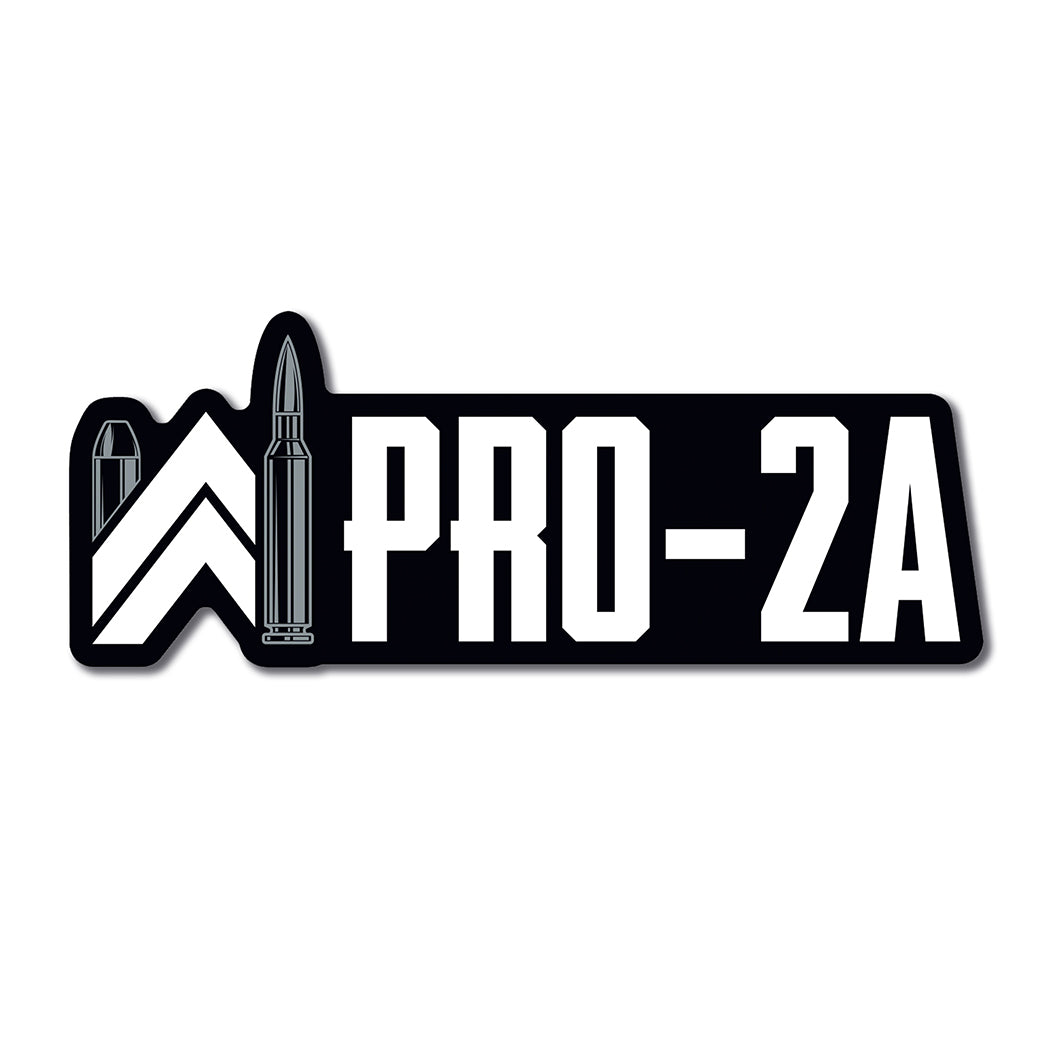 PRO-2A die-cut sticker, on a white background. Our WW icon is re-created with bullets (grey color) as the left and right vertical elements and the rest of the icon and text "PRO-2A" are white on a black background. (Sticker measures approximately 4.5"W x 1.6"H)