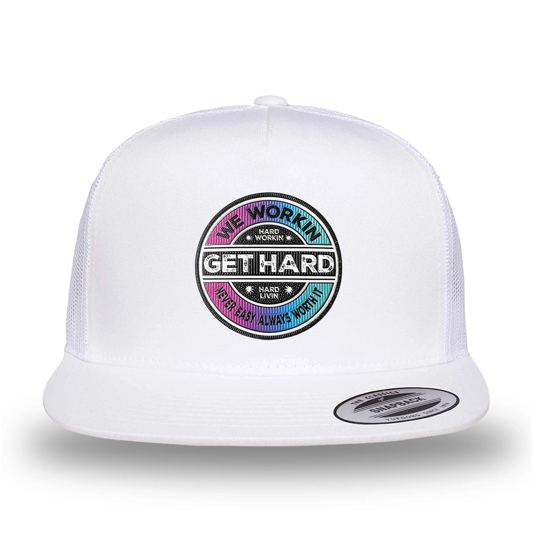 All white, high-profile, WeWorkin hat—snapback, 5-panel classic trucker, mesh sides/back style. WE WORKIN custom GET HARD patch made of thermoplastic, lightweight, durable material is centered on the front panels.