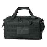 Charcoal Grey tactical range/gear bag pictured from front on a white background. WEWORKIN BRAND logo embroidered in white thread on the top panel. 600D polyester canvas, Zippered D-shaped main compartment, Padded wrap on web carry handles, Daisy chains on sides, Front zippered pocket with daisy chain/loop panel for patches.