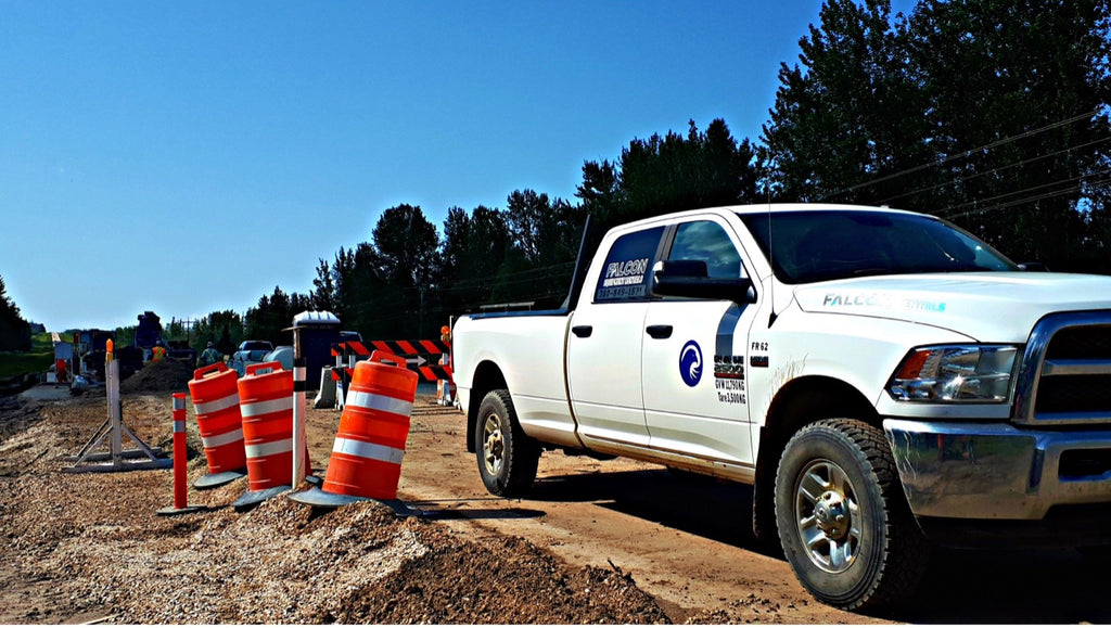 falcon rentals work truck on a hot sunny job site