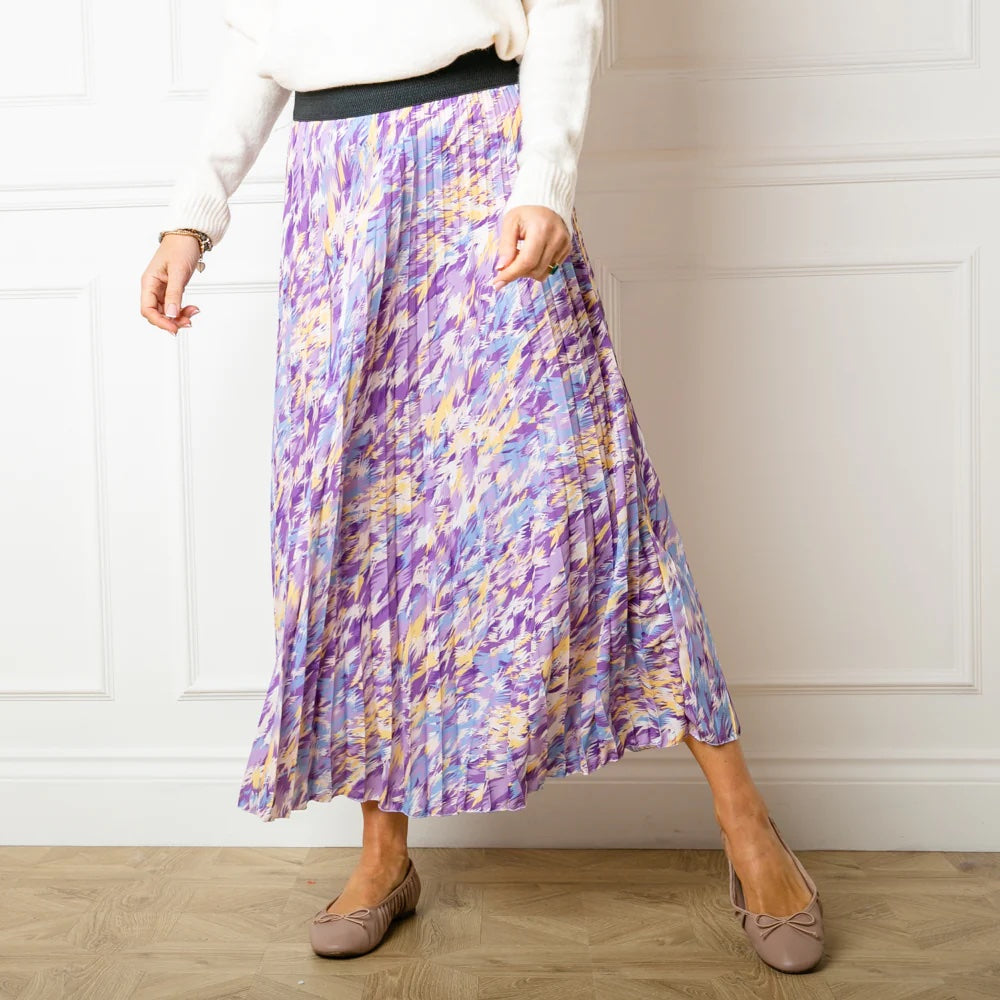 Etching Print Pleated Skirt in purple light coloured garden party skirt