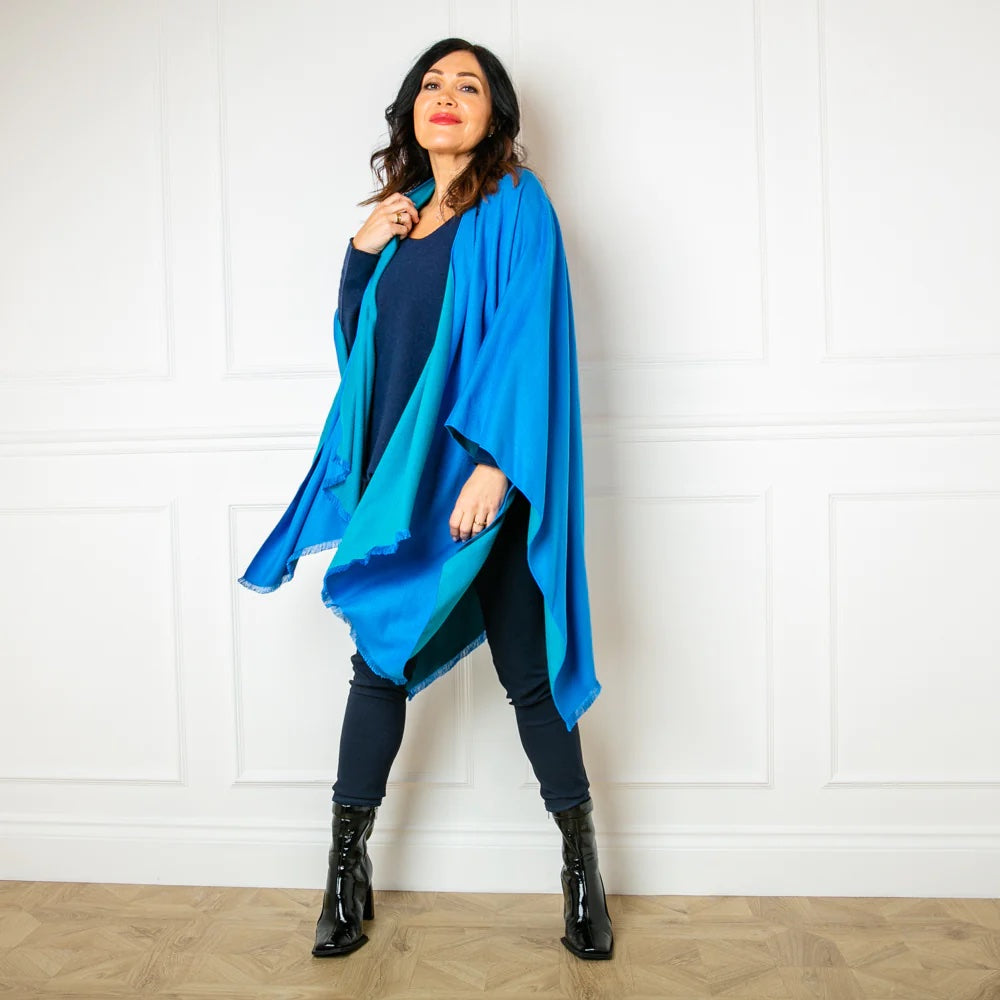 Tess Wrap blue shawl for a garden party