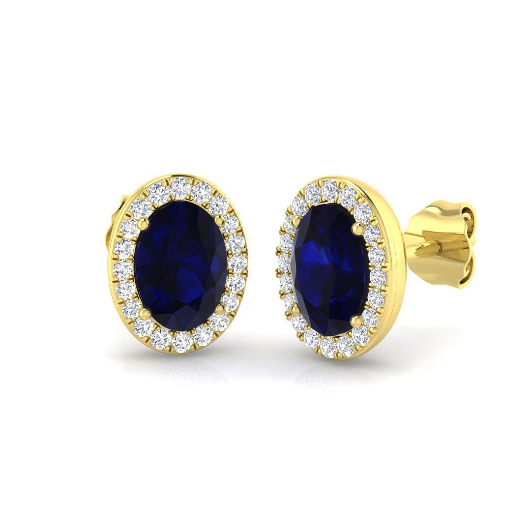 1.90ct Blue Sapphire & Diamond Oval Cluster Earrings 18k Yellow Gold ...