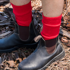 photo men's work boots wearing red stockman socks