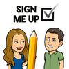 Stewart's Menswear sign up to our newsletter. Bitmoji image of Gerard & Sue with a large pencil "Sign me up"