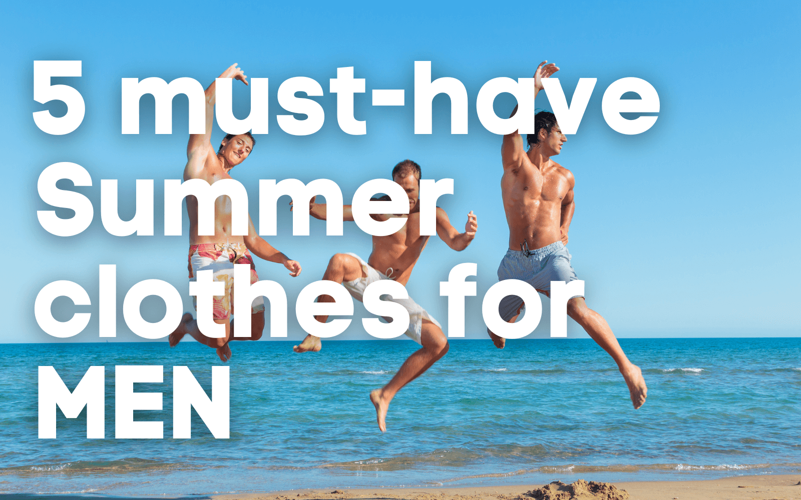 An image of three men at the beach jumping in the air