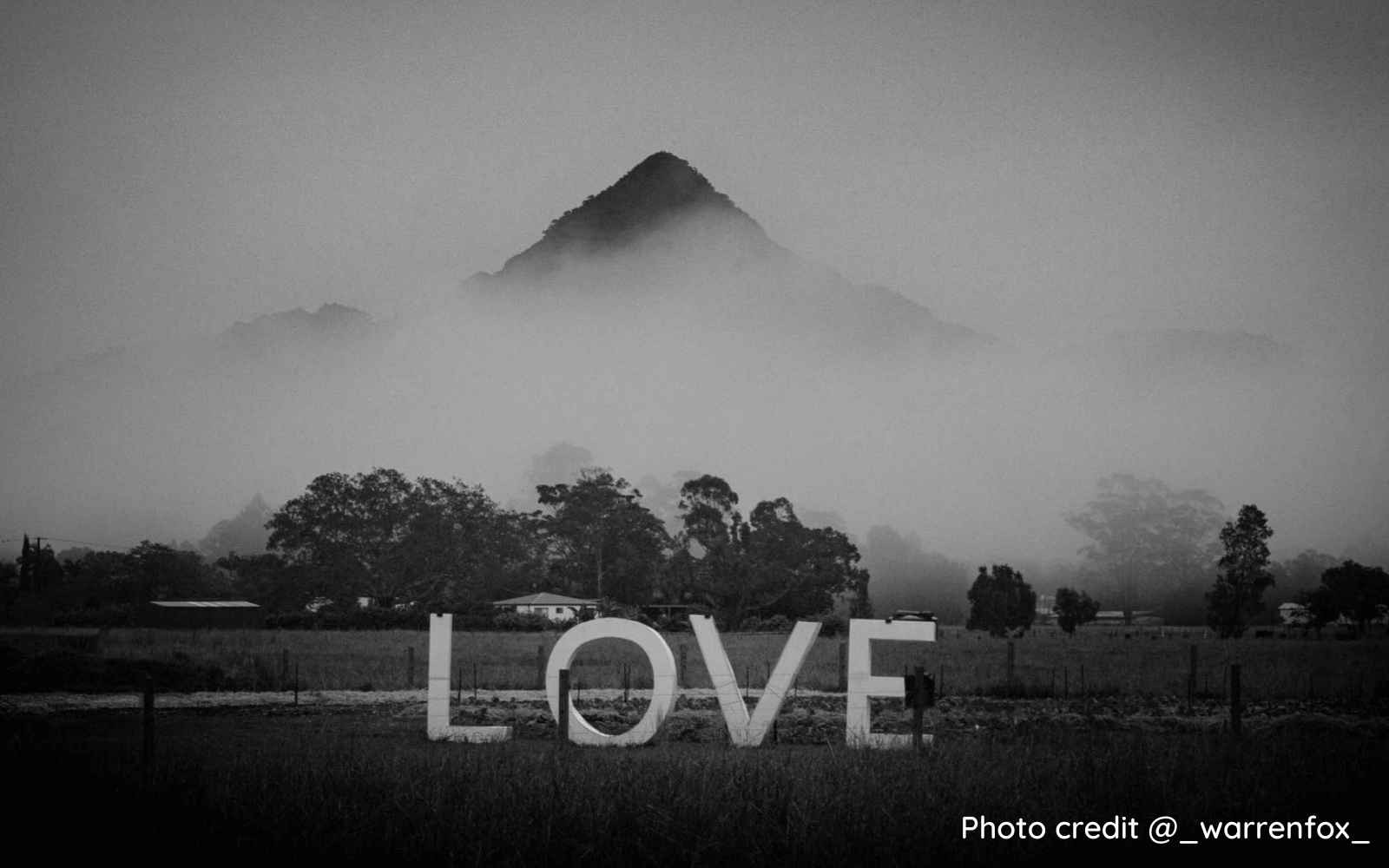 Stewarts Menswear, Mullumbimby. A black and white photo of Mt Chincogan with the iconic LOVE sign in the foreground.