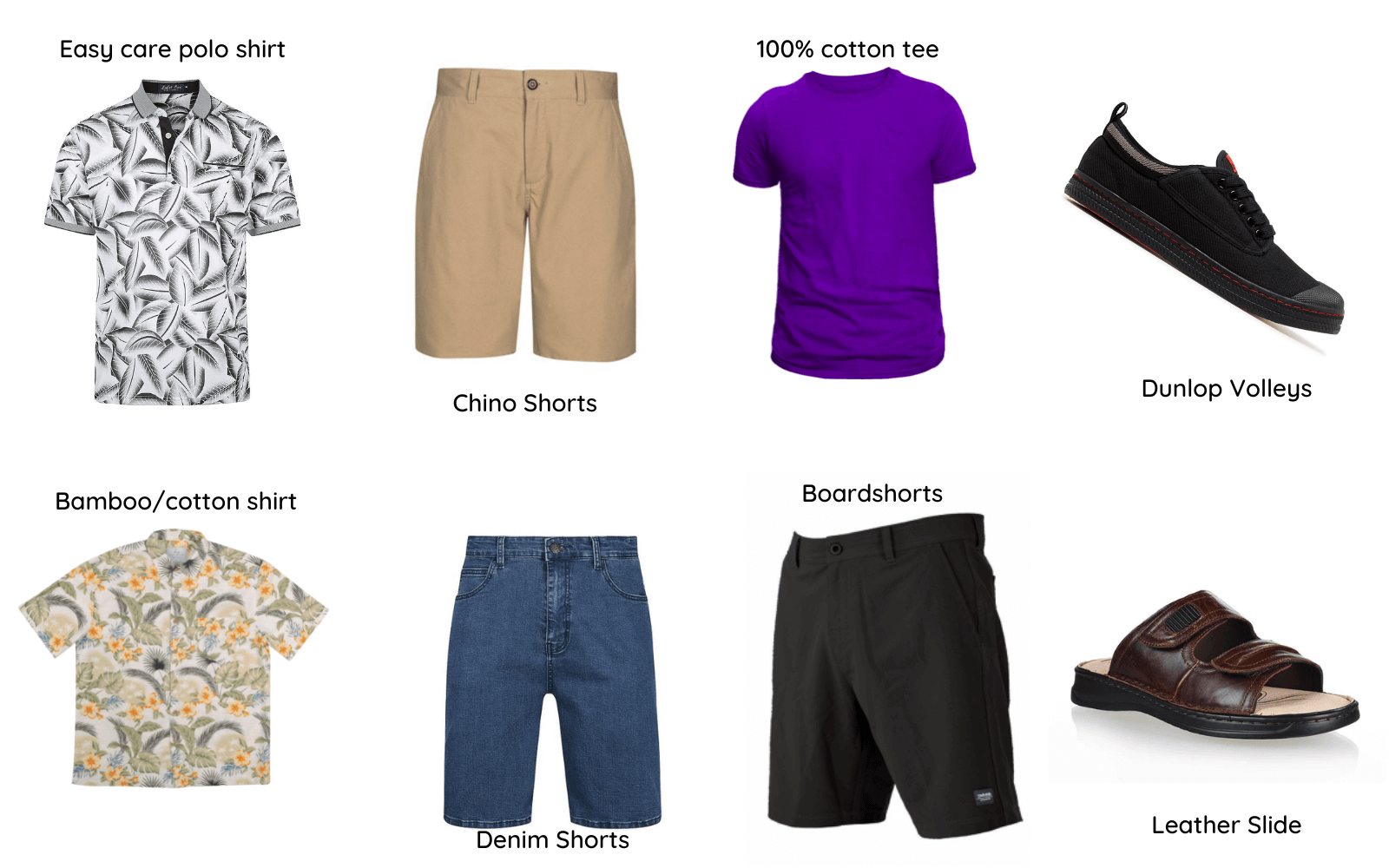 5 must-have summer clothes for men. What should be in every man's closet this summer. Images of the polo shirt and Bamboo shirt. The Chino shorts and denim shorts. Cotton Tee and boardshorts. Dunlop Volleys and Leather Slides