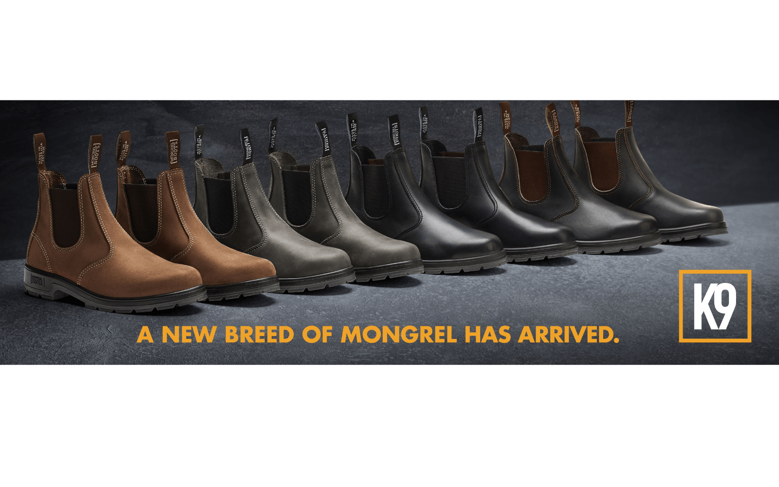 All the new colours of Mongrel Boots K9 placed in a row