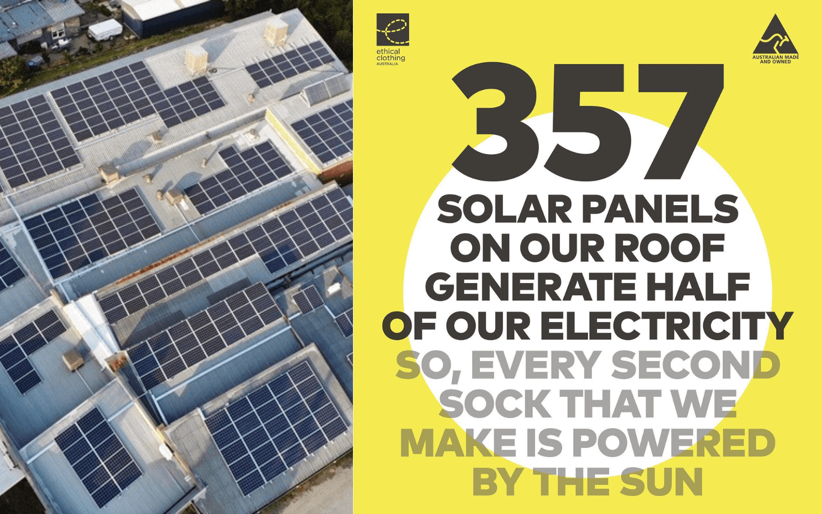 Promo image provided by Humphrey Law Australian Made socks. 357 Solar panels on our roof generate half of our electricity. So every second sock that we make is powered by the sun. Added beside that is a photo of the factory roof showing the solar panels.