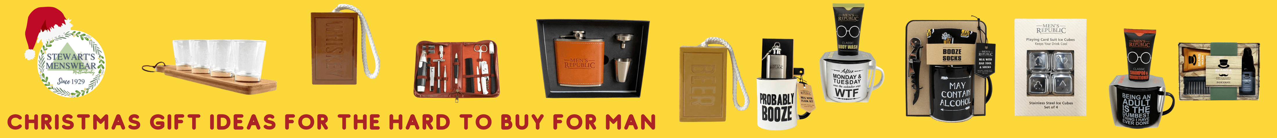 An assorted of gift ideas for the hard to buy for man including soap on a rope, novelty mugs with witty phrases, men's grooming kits, shot glasses, hip flask, and stainless steel ice cubes.