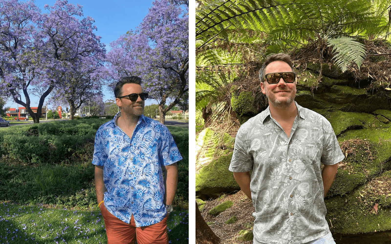 Models wearing Kingston Grange bamboo shirts. First model wears the Noosa design whilst standing in front of flowering jacaranda trees. Second model wears Kuranda design whilst standing in a rainforest.