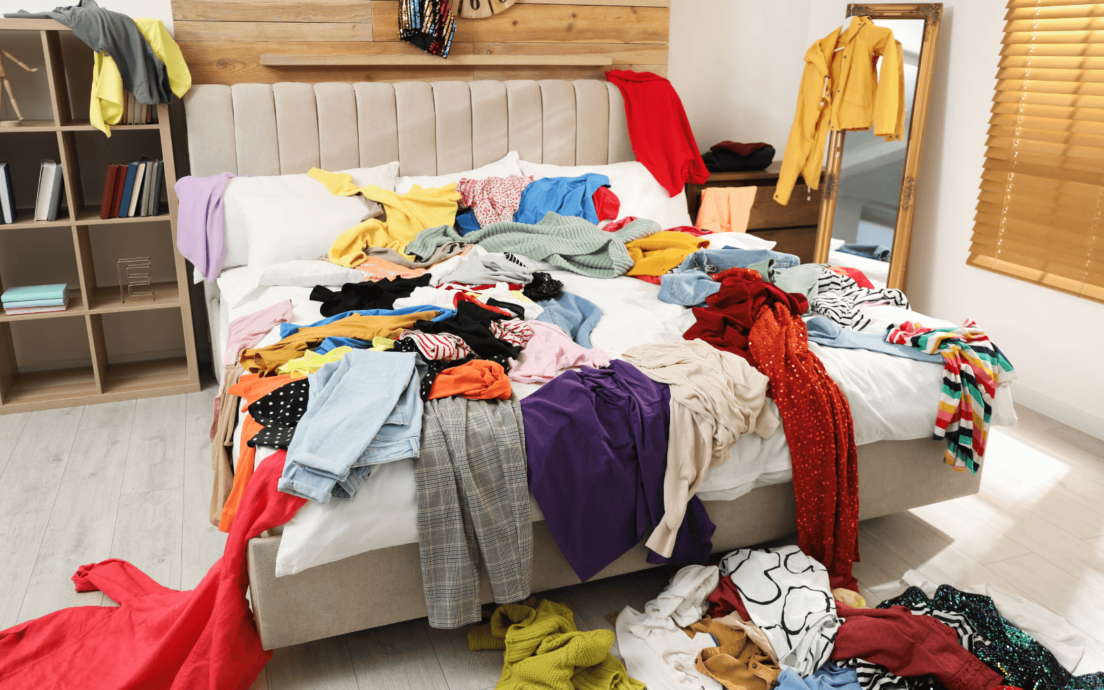 Sustainable Fashion. Avoid Fast fashion. A photo of lots of clothes thrown all over a bed.