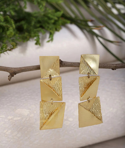 Gold Plated Textured Block Drop Earrings