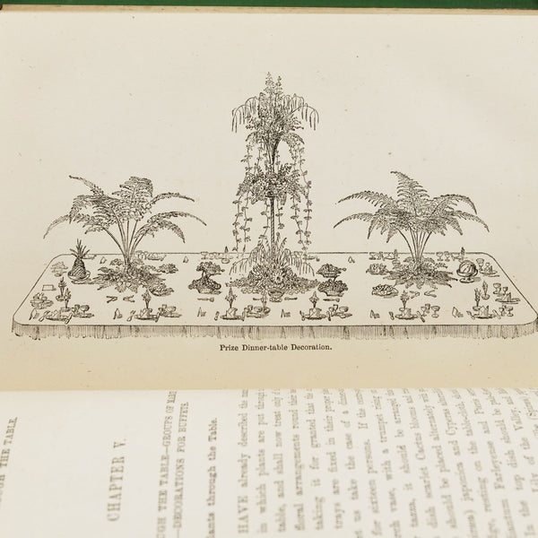 Close-up of a engraving in a book that depicts an elaborate arrangement of flowers and plants such as ferns on a dining table.